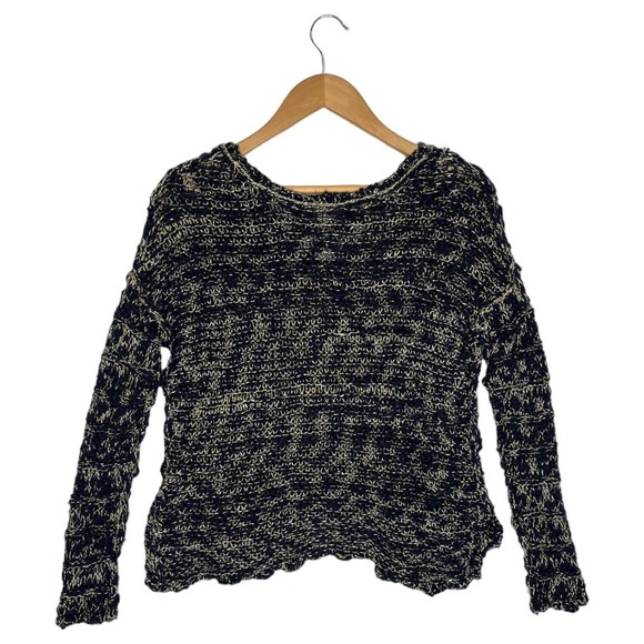 Free People Sweater Womens S High Low Open Knit V Neck Linen Cotton Blue Cream - Picture 12 of 15